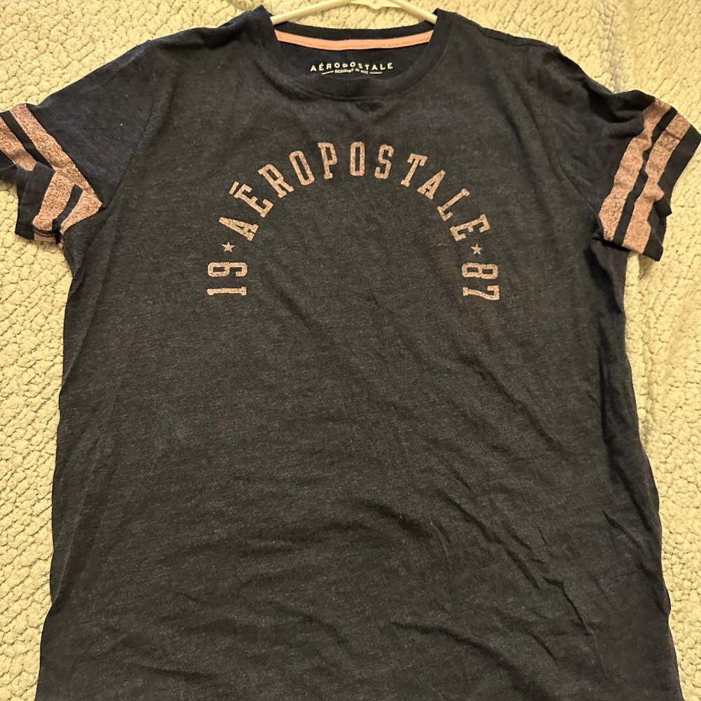 Aeropostale Washed Blue Striped Pink Tee